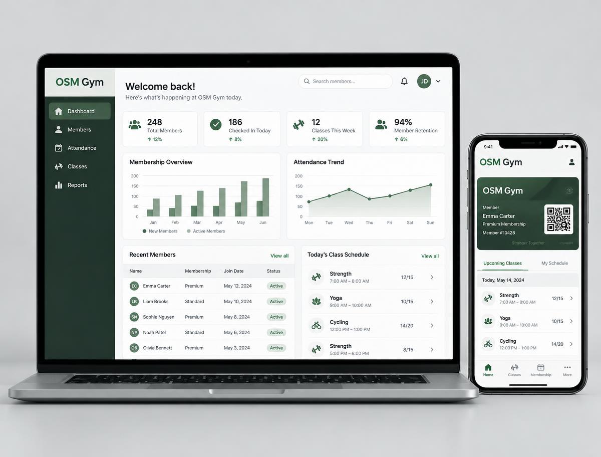 OSM Gym concept dashboard and membership app on a laptop and phone